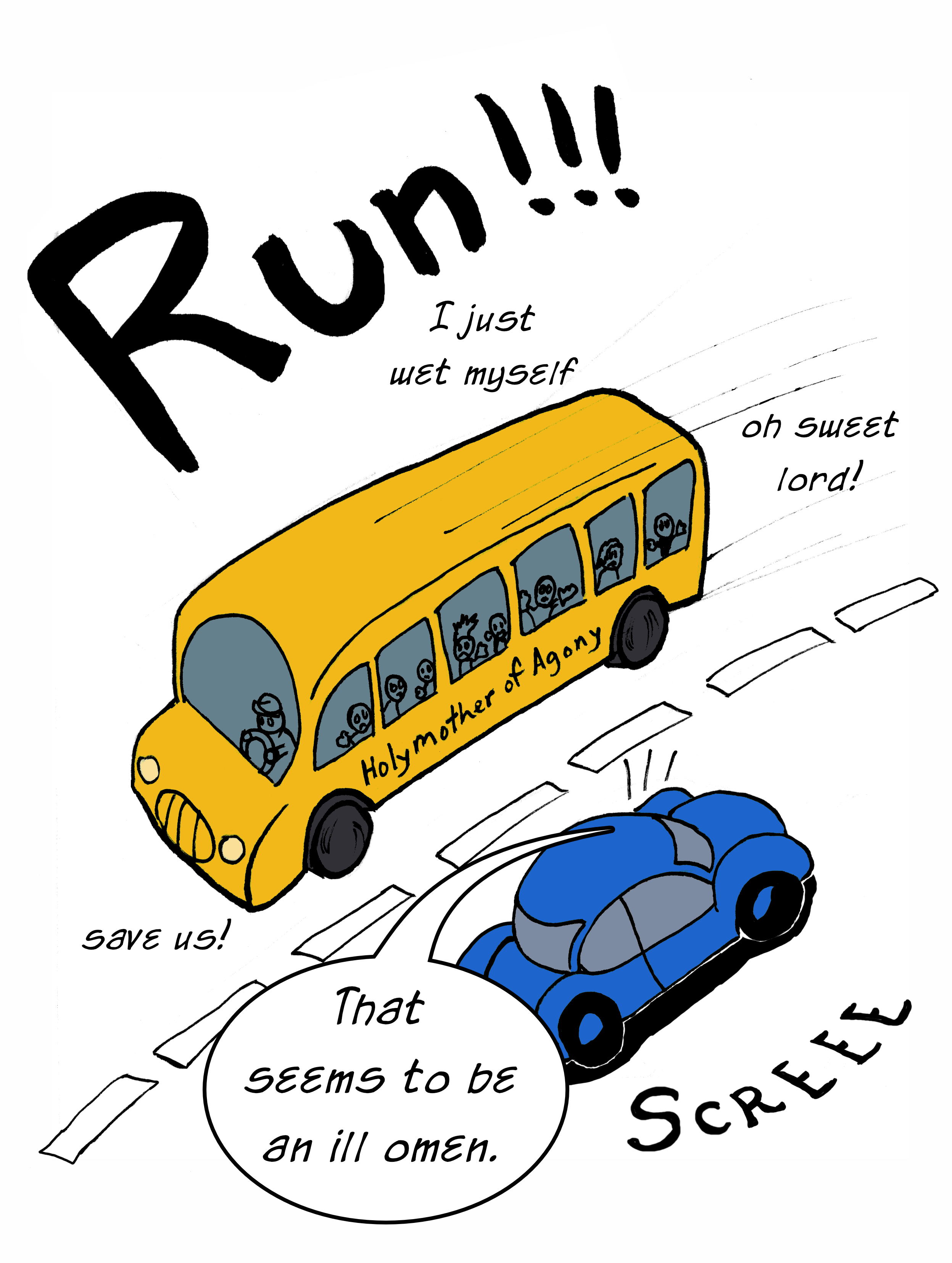 Speed Limit - Panel 3 - A bright yellow school bus drives away from Sebastian. An ill omen indeed!